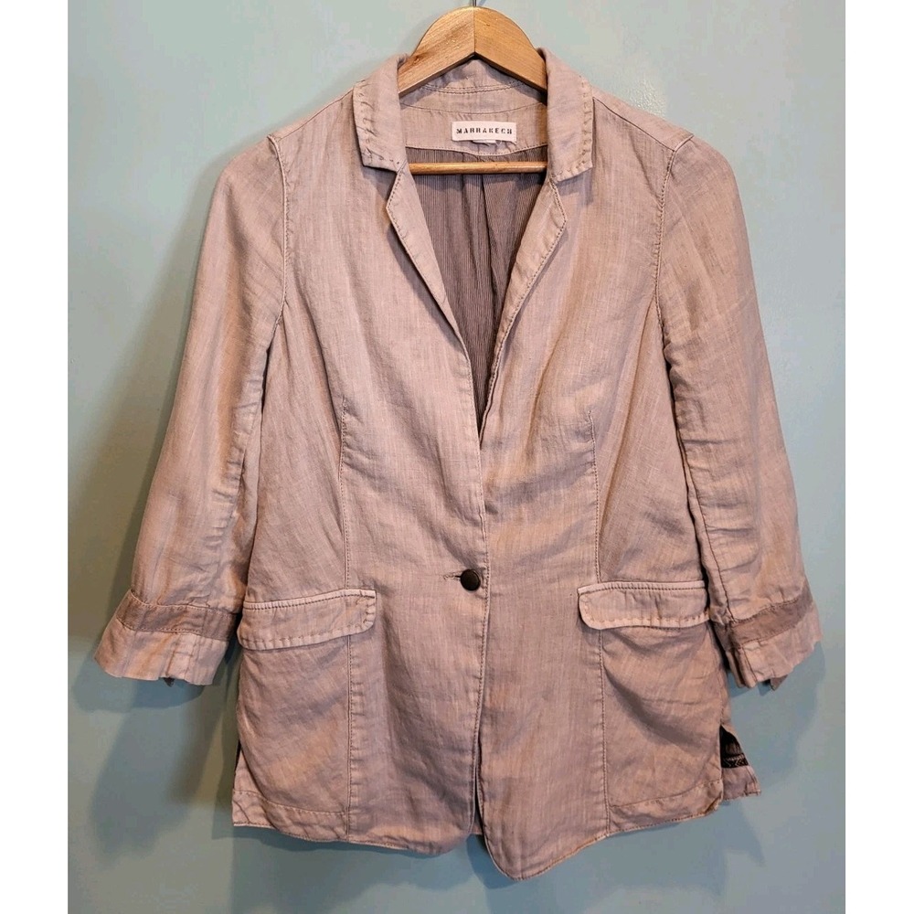Marrakech Beige Cotton 3/4 Sleeve 1 Button Casual Blazer Pockets Sz S